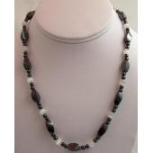 White Cat's Eye Opal Twist Hematite Beads Stone Necklace 18inch